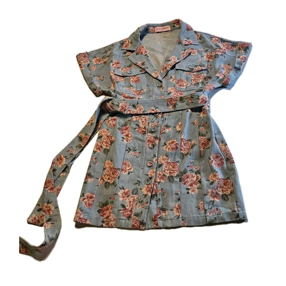Nicole Lynel Floral Denim Button-Up Dress Womens M MD3650 Blue Rose Cottagecore